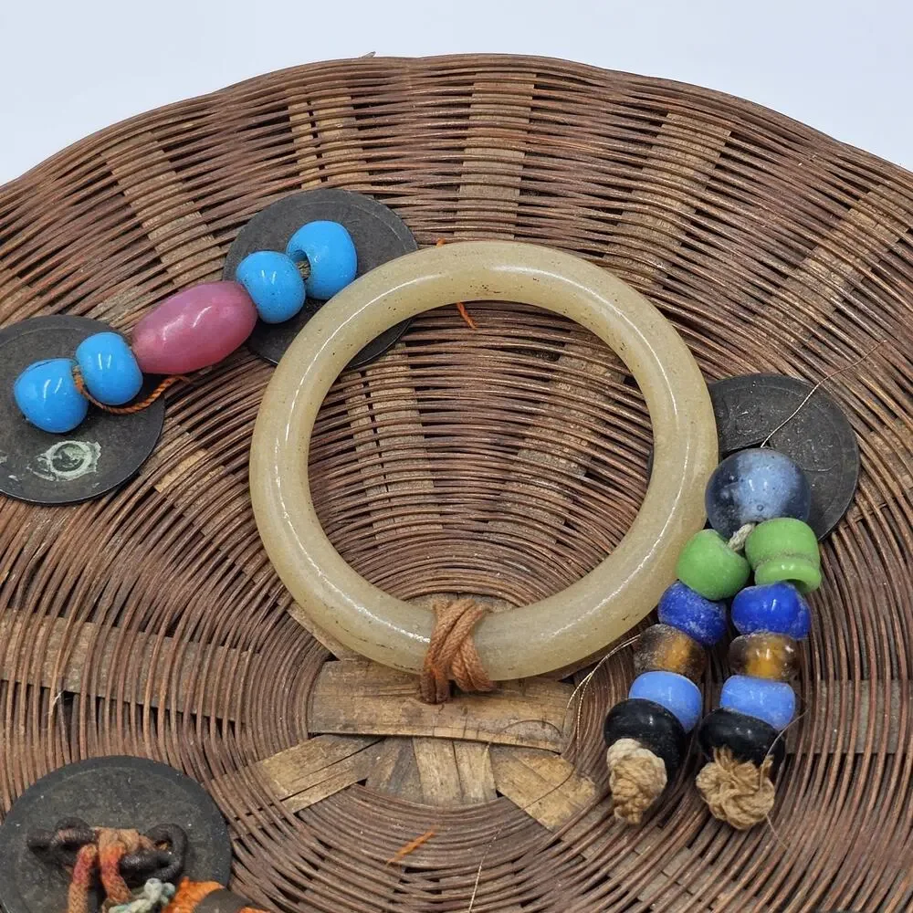VTG 1950s Chinese Wicker Bamboo Sewing Basket w Colorful Beads Jadeite Tassels